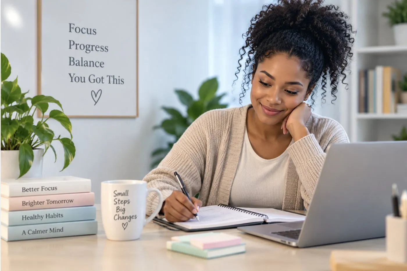 An adult working through a planner at a desk, focused and unhurried