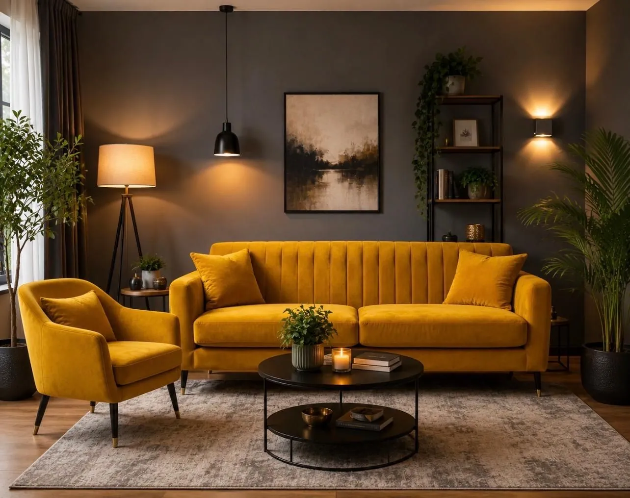 A warm, welcoming seating area with a soft yellow sofa