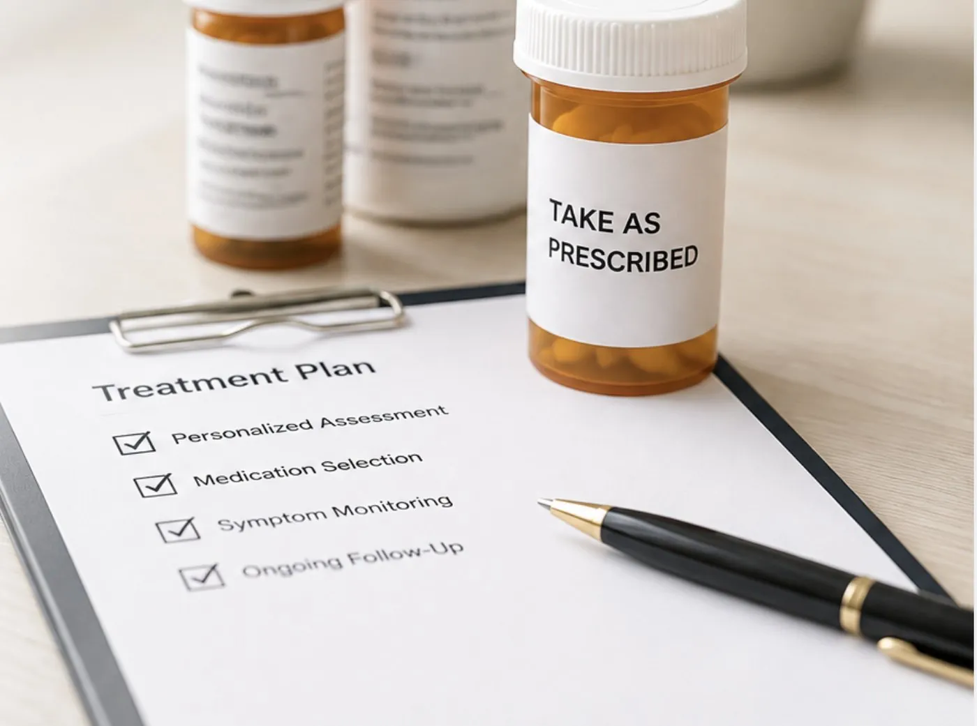 A psychiatric treatment plan on a clipboard beside prescription bottles