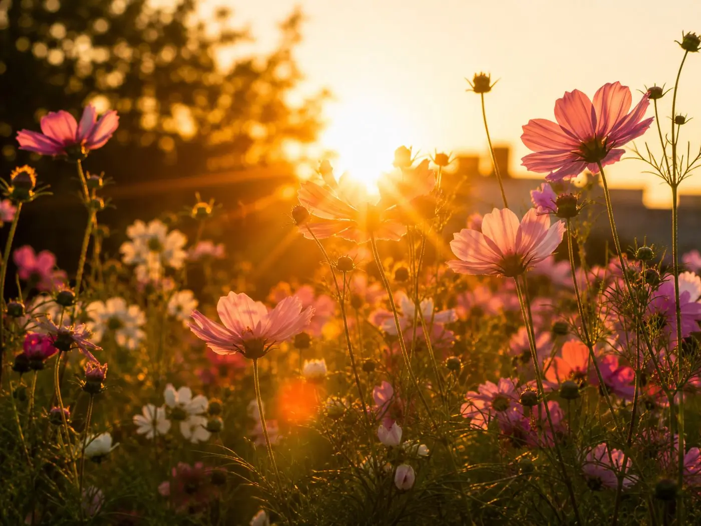 Pink cosmos flowers in warm evening light