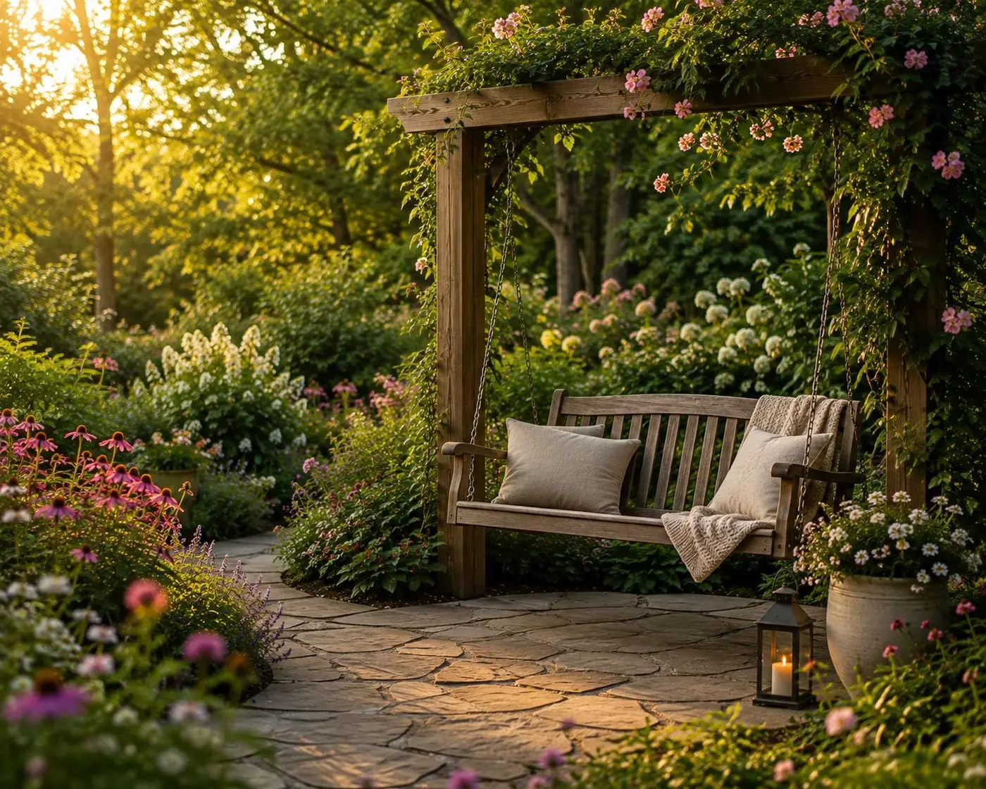 A garden arbour with a bench, surrounded by flowers