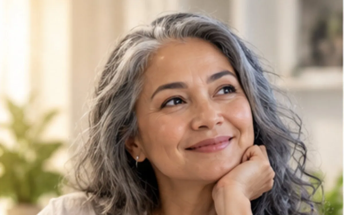 A woman sitting at a sunlit table, looking calm and hopeful