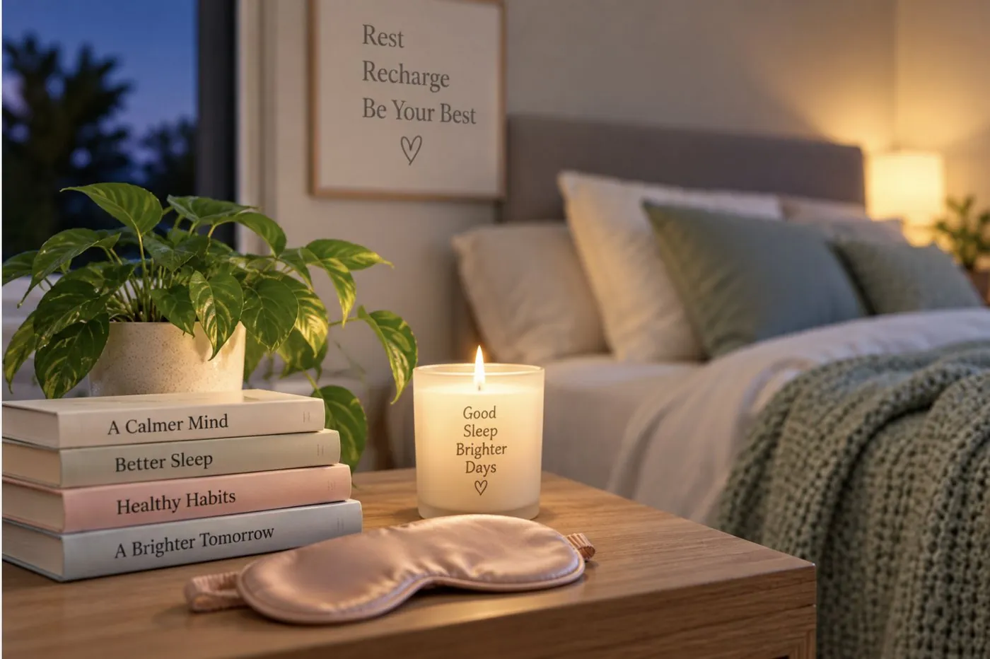 A calm bedside at dusk with a candle, a sleep mask and a stack of books