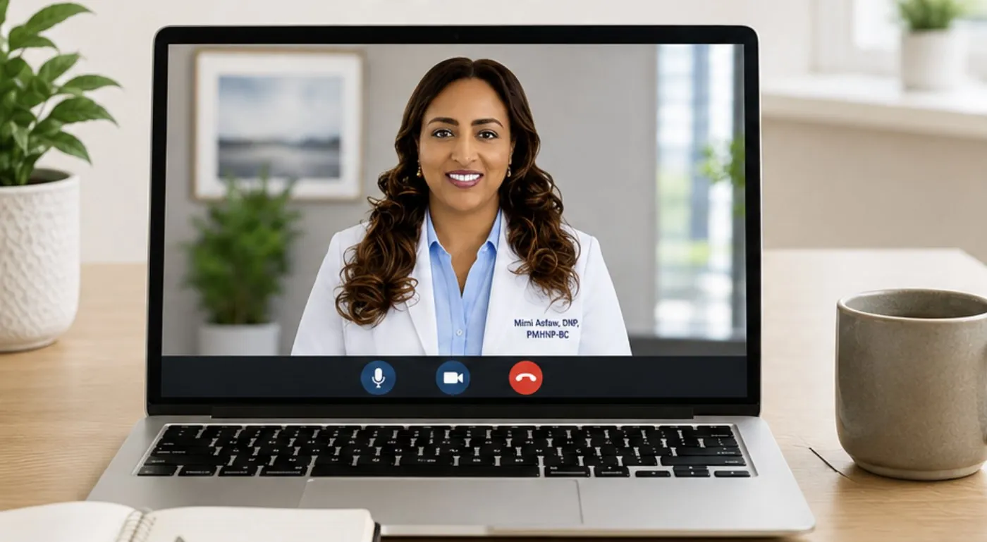 A telepsychiatry appointment with Dr. Meseret Asfaw on a laptop screen